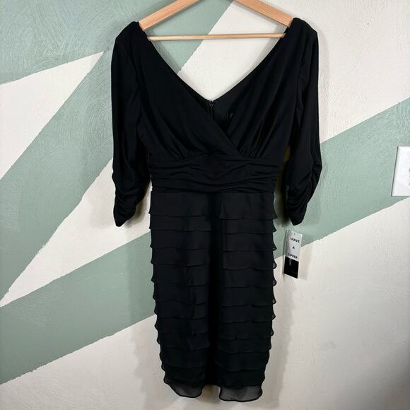 Womens Black Party Dress S.L. Fashion Cinched Waist & Sleeves Ruffle Tiered NWT - Picture 1 of 11